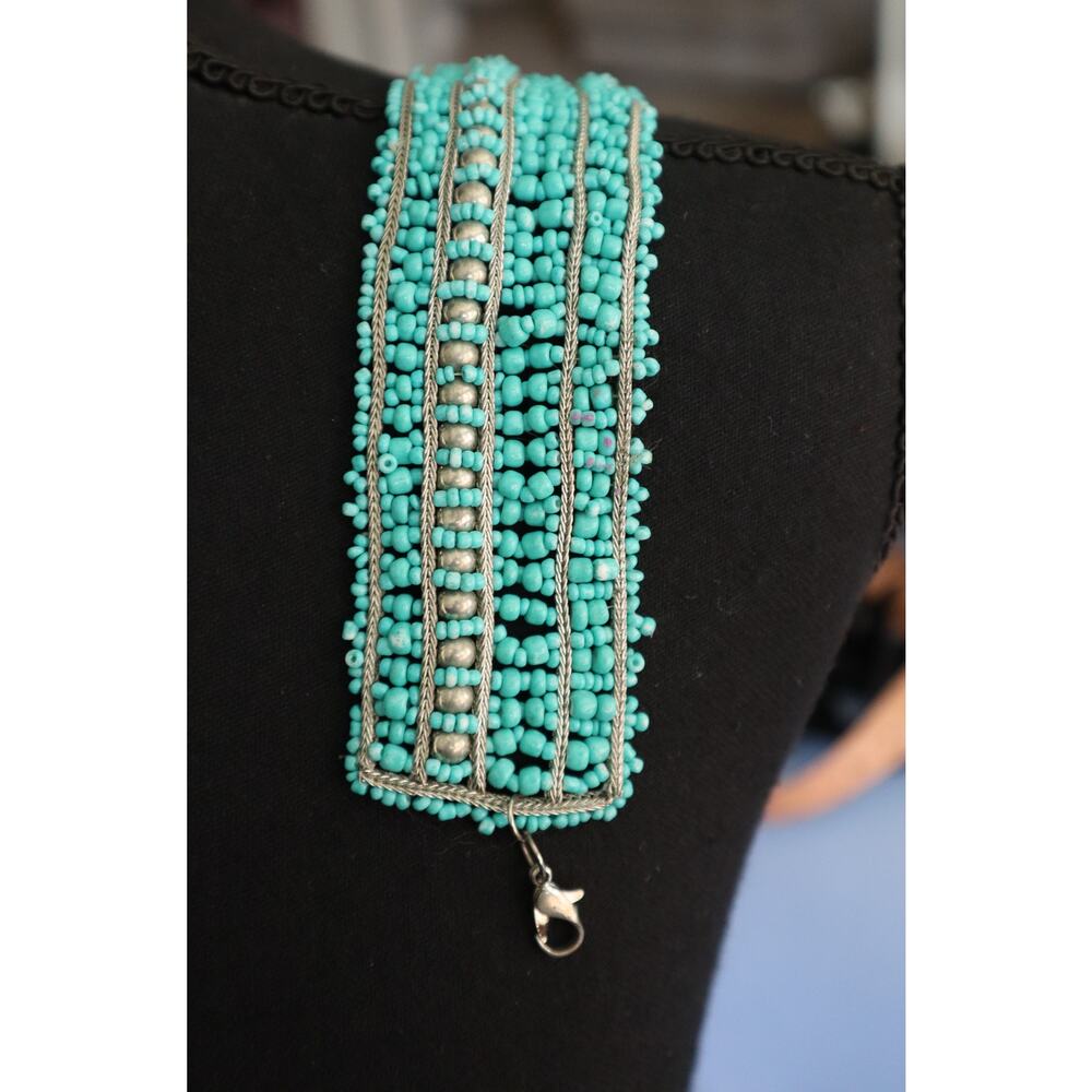 Vintage Turquoise Stacked Layered Beads Bracelet Wide Boho Western Silver Multi - Picture 4 of 5
